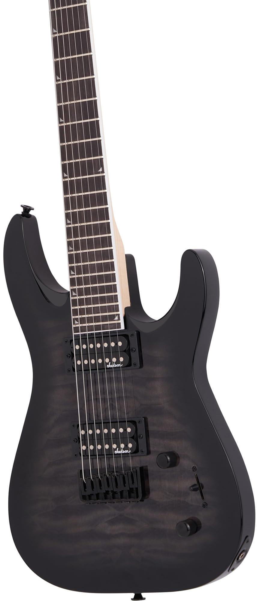Jackson Dinky Arch Top JS22Q-7 Electric Guitar - Transparent Black Burst Bundle with Cable, Tuner, Strap, Picks, and Austin Baza